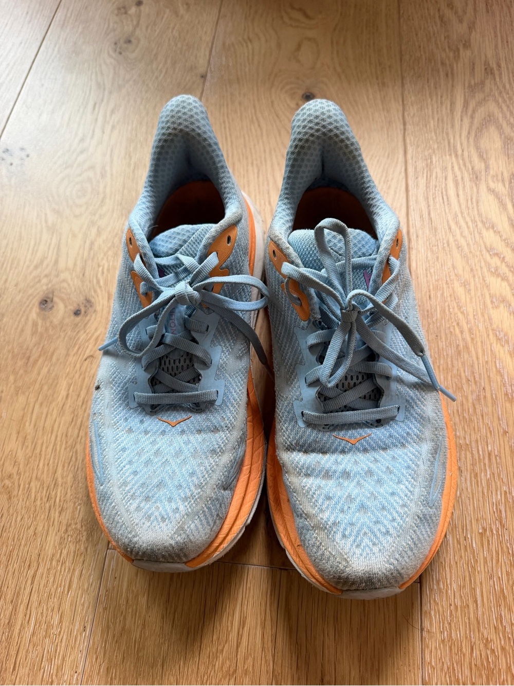 Light Blue and Orange Hoka Running Shoes